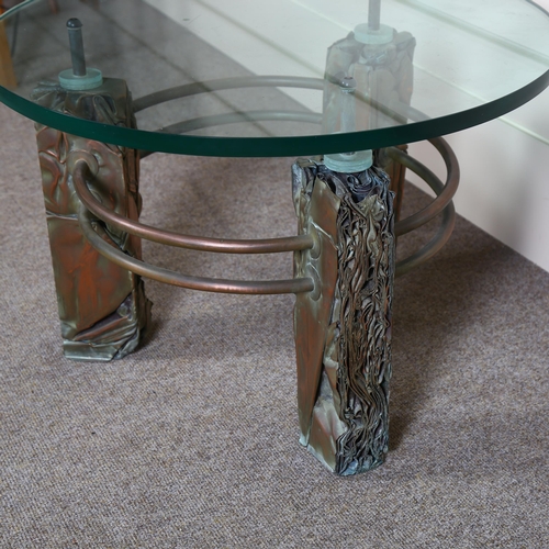 94 - A 1980s Creative Salvage Movement folded copper sheet coffee table with circular glass top, diameter... 