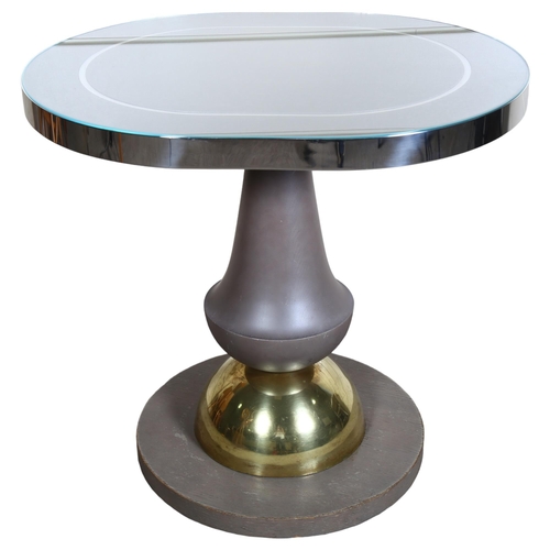 105 - A contemporary design chrome banded table with decanter shaped pedestal stem on brass dome in the ma... 