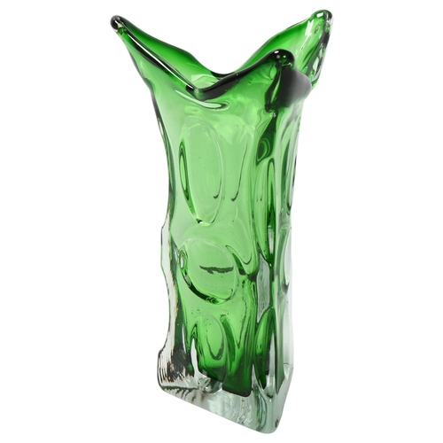 110 - A vintage Murano glass tri-form green glass vase, height 29cm