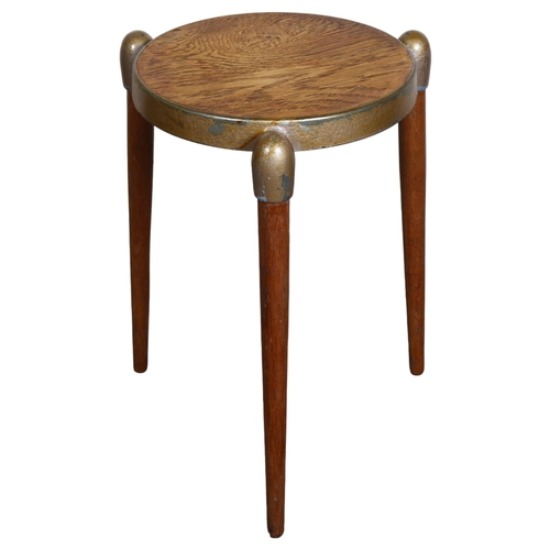 113 - Gerald Summers, a mid-century 3 legged stool with oak veneered cast metal seat, with maker’s marks, ... 