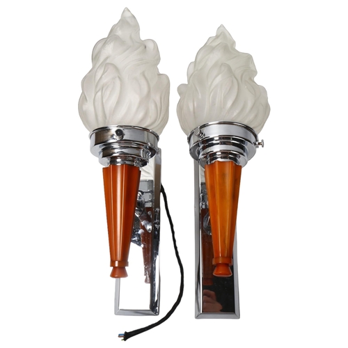 119 - A pair of Art Deco bakelite and Chrome wall lights, with flame glass shade, length of back plate 26c... 