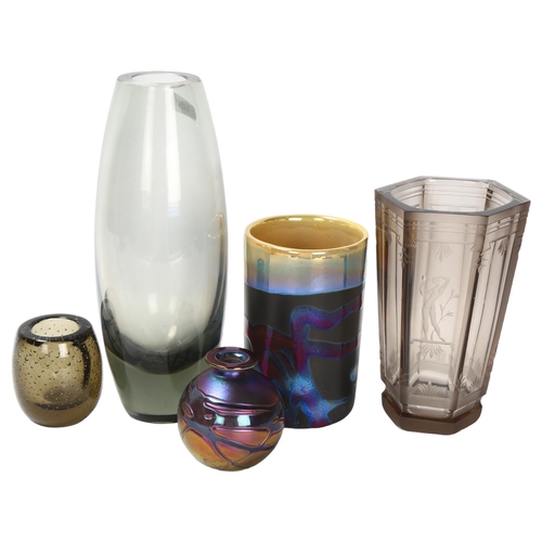 120 - 5 pieces of studio and Scandinavian glass, including HolmeGaard vase and etched vase marked to base ... 