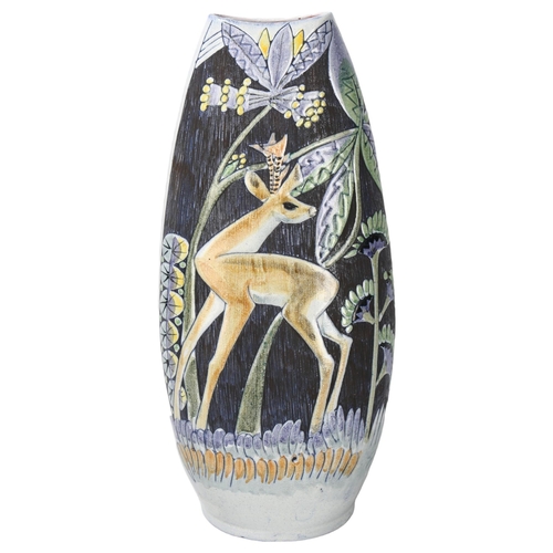 65 - Marian Zawadzki for Tilgmans, Gothenberg, Sweden, a ceramic floor standing vase with deer in forest,... 