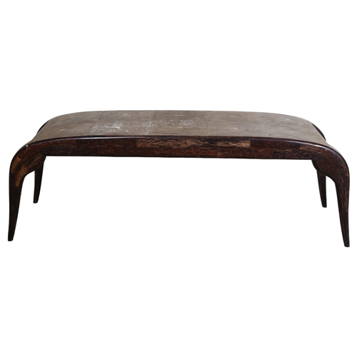 83 - R & Y Augusti, France, a palmwood and shagreen bench in the Art Deco manner with maker’s metal plaqu... 