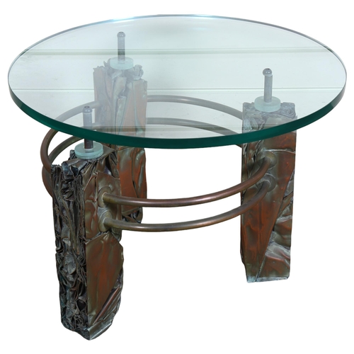 94 - A 1980s Creative Salvage Movement folded copper sheet coffee table with circular glass top, diameter... 