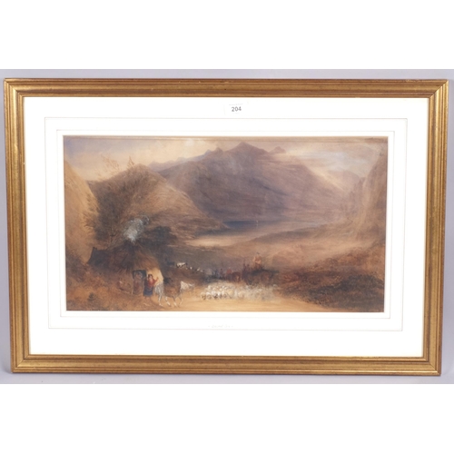 204 - David Cox (1783 - 1859), travellers in mountain landscape, watercolour, unsigned, 30cm x 53cm, frame... 