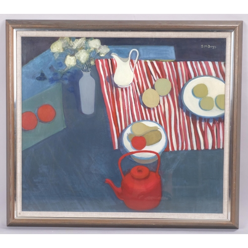 206 - Sheena Begg (Glasgow artist, 1921 - 2009), red kettle, oil on canvas, signed with artist labels and ... 