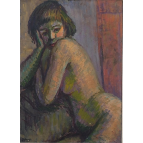 209 - V Salanson, contemplation, oil on board, signed with Artists Of Chelsea Exhibition label verso, 54cm... 