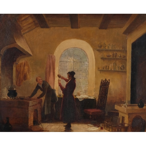 213 - Oil on canvas, the alchemist in his laboratory, framed by George Morrill (active 1857 - 1865), 43cm ... 