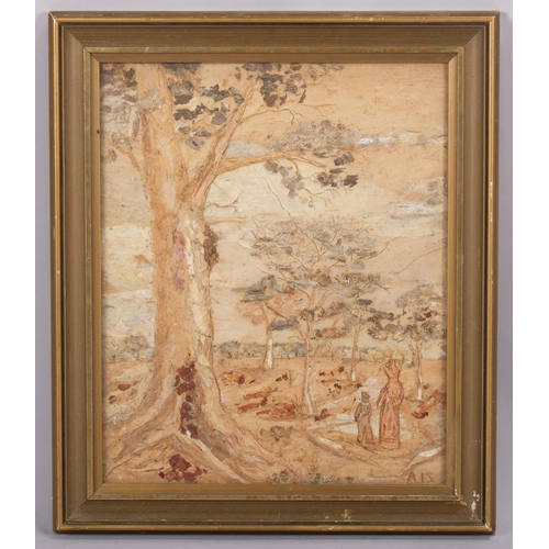 220 - A I Samuels (Australian), wooded landscape with figures, bark painting, 1978, inscribed verso, 35cm ... 