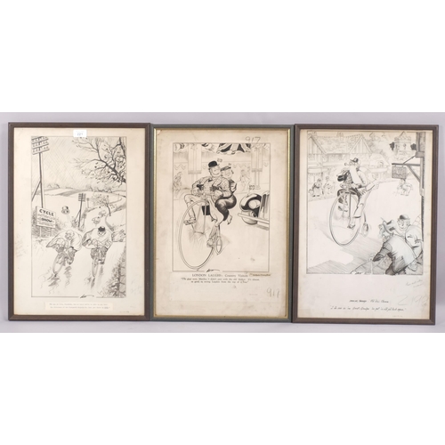 221 - Joseph Lee (1901 - 1975), 3 original cartoons, pen and ink, signed, image 46cm x 27cm, framed (3)