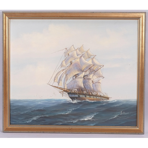 222 - A M Bruce, sailing ship at sea, oil on canvas, signed, 51cm x 61cm, framed