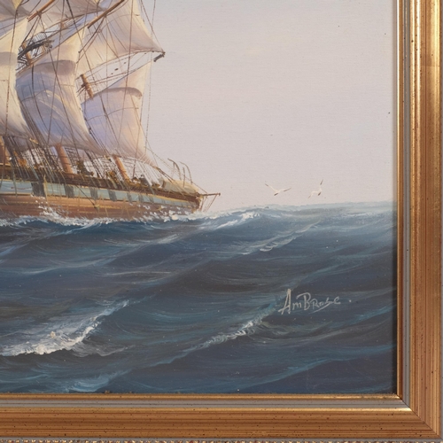 222 - A M Bruce, sailing ship at sea, oil on canvas, signed, 51cm x 61cm, framed