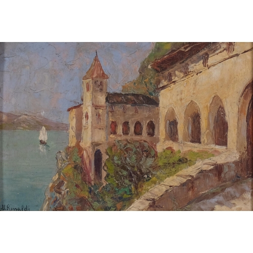 223 - R Rinaldi, Santa Caterina Del Sasso, oil on panel, signed, title verso, 14cm x 21cm, framed