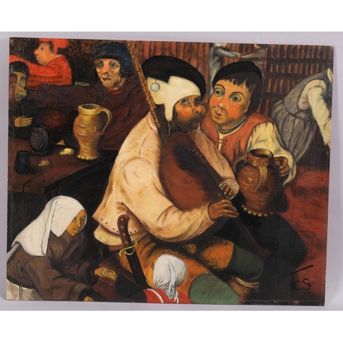 224 - After Pieter Bruegel, La Danse Des Paysans, oil on board, 1985, 49cm x 61cm, unframed