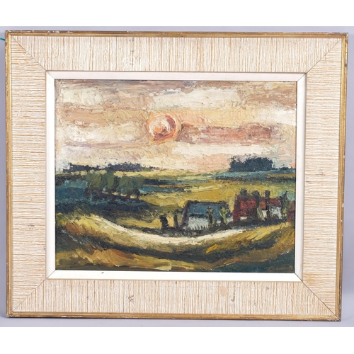 226 - J Delanotte, impressionist sunrise, oil on board, signed, 39cm x 49cm, framed