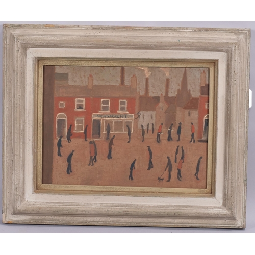 229 - Style of L S Lowry, the newsagent, oil on board, unsigned, 27cm x 37cm, framed