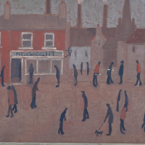 229 - Style of L S Lowry, the newsagent, oil on board, unsigned, 27cm x 37cm, framed