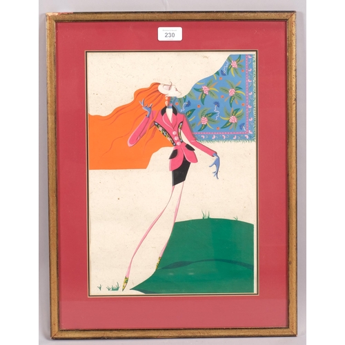 230 - Gouache on paper, stylised figure, unsigned, 39cm x 27cm, framed