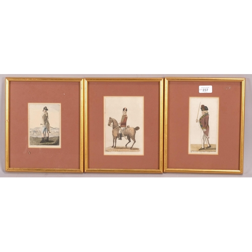 237 - I Kay, 3 studies of military uniform, hand coloured engravings, dated 1798, image 16cm x 11cm, frame... 