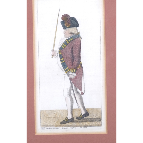 237 - I Kay, 3 studies of military uniform, hand coloured engravings, dated 1798, image 16cm x 11cm, frame... 