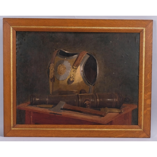 249 - Early to mid-20th century still life, armour breast plate and cannon barrel on a desk, oil on board,... 