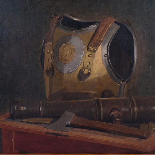 249 - Early to mid-20th century still life, armour breast plate and cannon barrel on a desk, oil on board,... 