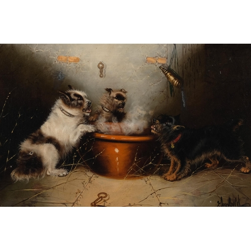 250 - Edward Armfield, 3 Terriers around a cauldron, oil on canvas, signed, 51cm x 76cm, framed