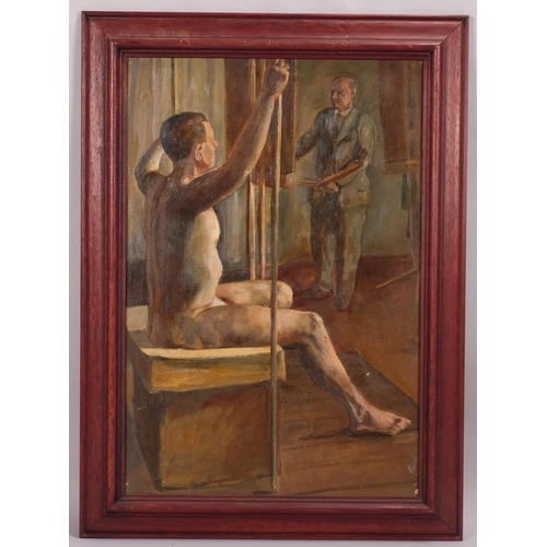 252 - Artist and model in the studio, mid-20th century oil on board, unsigned, 62cm x 41cm, framed