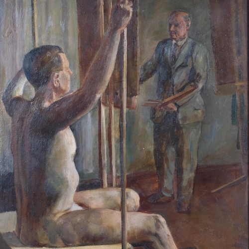 252 - Artist and model in the studio, mid-20th century oil on board, unsigned, 62cm x 41cm, framed