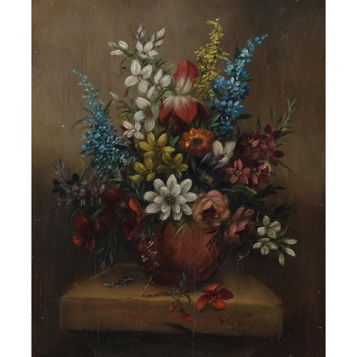 256 - Dutch style floral still life, 19th century oil on panel, indistinctly signed, 30cm x 25cm, framed