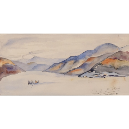 260 - 20th century Norwegian School, boat in a fjord, watercolour, indistinctly signed and dated '36, 14cm... 