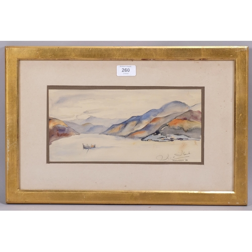 260 - 20th century Norwegian School, boat in a fjord, watercolour, indistinctly signed and dated '36, 14cm... 