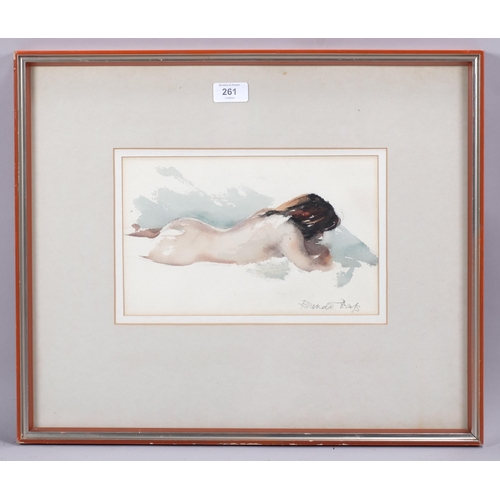 261 - Nude life study, watercolour, indistinctly signed, 18cm x 28cm, framed