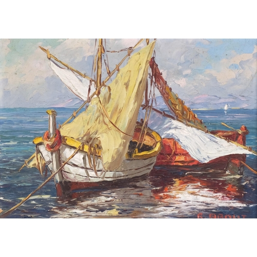 264 - Raoul About (1880-1965), oil on board, Barque de Peche, (Fishing Boat), signed, 31.5cm x 22cm, title... 