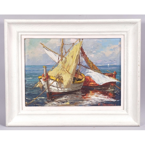 264 - Raoul About (1880-1965), oil on board, Barque de Peche, (Fishing Boat), signed, 31.5cm x 22cm, title... 