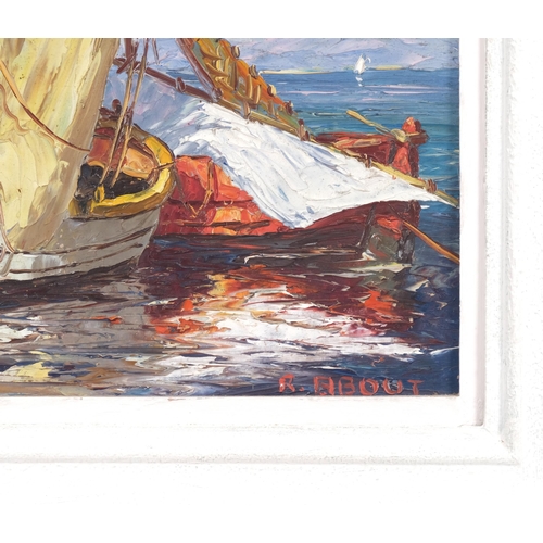 264 - Raoul About (1880-1965), oil on board, Barque de Peche, (Fishing Boat), signed, 31.5cm x 22cm, title... 