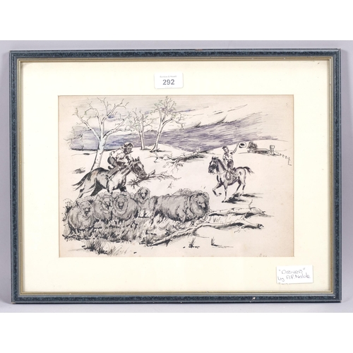 292 - A P Noble, drovers, ink/watercolour, signed, 22cm x 32cm, framed