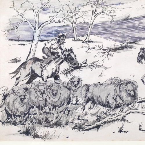 292 - A P Noble, drovers, ink/watercolour, signed, 22cm x 32cm, framed