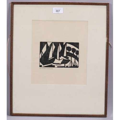 307 - Jacoba Van Heemskerck, Segel, woodcut from suite of 7 1924, image 10cm x 15cm, framed