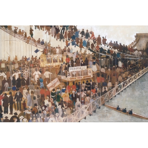 314 - After Walter Greaves, Hammersmith Bridge on Boat Race day, colour print, image 48cm x 73cm, framed