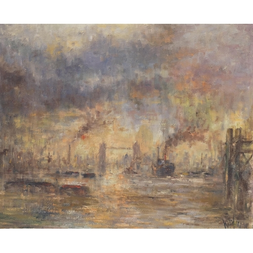 319 - John Wiltshire, Thames scene near Tower Bridge, oil on canvas, signed, 46cm x 56cm, unframed