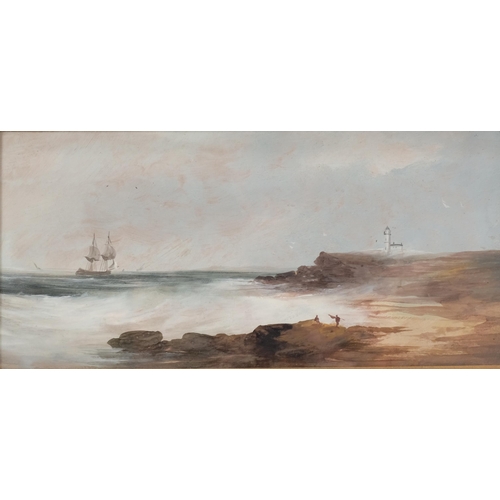 326 - The lighthouse near Aberdeen, 19th century watercolour, unsigned, 17cm x 37cm, framed