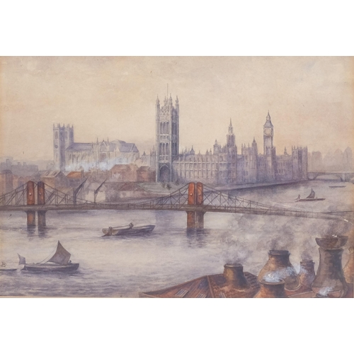 327 - The Palace of Westminster, early to mid-20th century watercolour, signed with monogram, 25cm x 35cm,... 