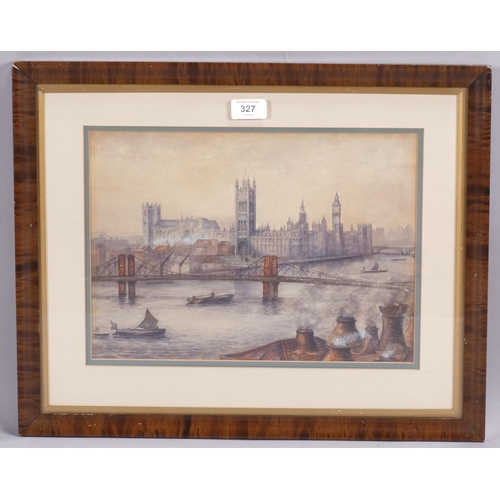 327 - The Palace of Westminster, early to mid-20th century watercolour, signed with monogram, 25cm x 35cm,... 