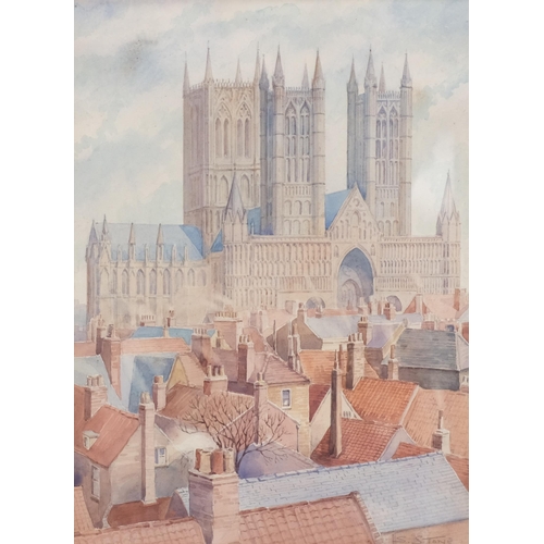 328 - S Stone, Lincoln Cathedral and rooftops, watercolour, signed and dated '39, 35cm x 25cm, framed