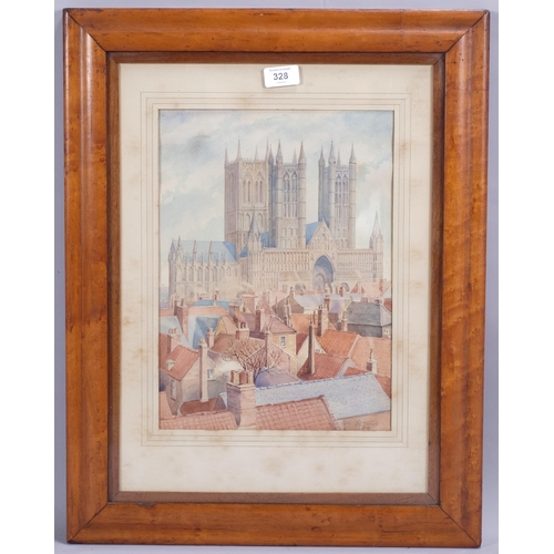 328 - S Stone, Lincoln Cathedral and rooftops, watercolour, signed and dated '39, 35cm x 25cm, framed