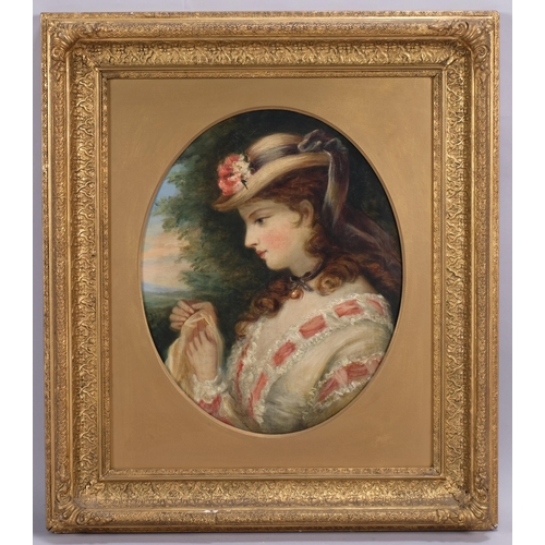 329 - Portrait of a young woman wearing a flower-trimmed bonnet, 19th century oil on canvas, unsigned, ima... 