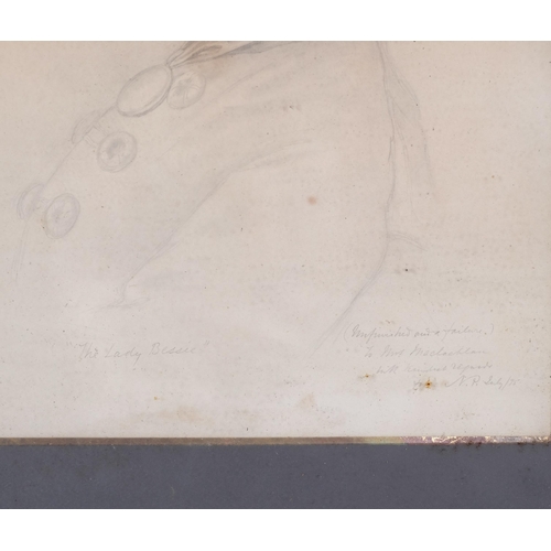 330 - The Lady Bessie, pencil and watercolour, signed with monogram and dedication dated 1875, 35cm x 25cm... 