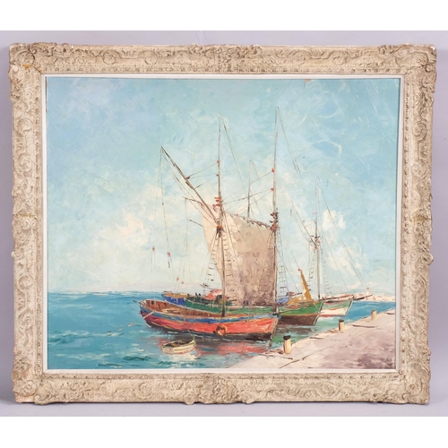 331 - Hayes, Continental harbour scene, mid-20th century oil on canvas, signed, 51cm x 61cm, framed